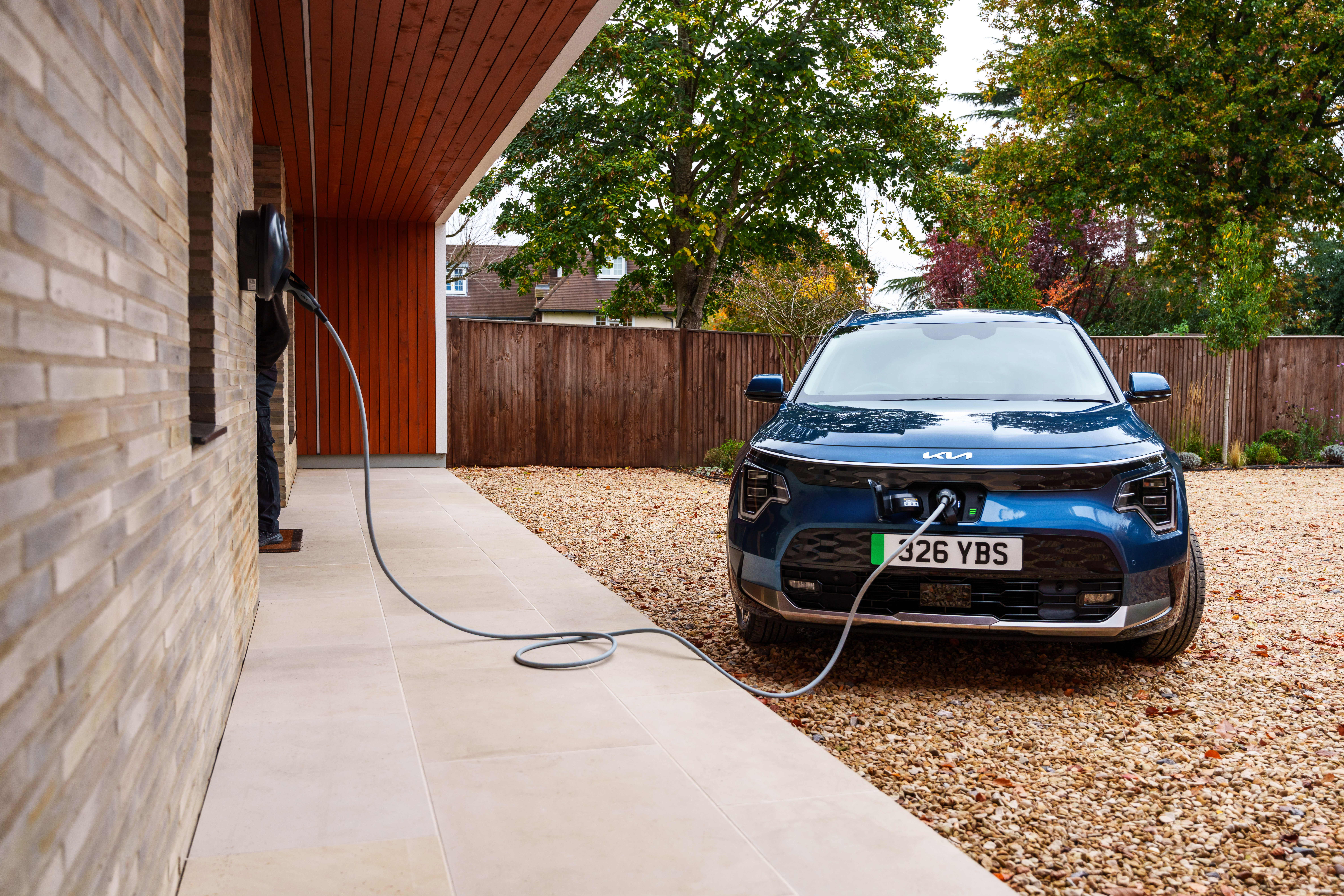 Kia EV charging outside of a home