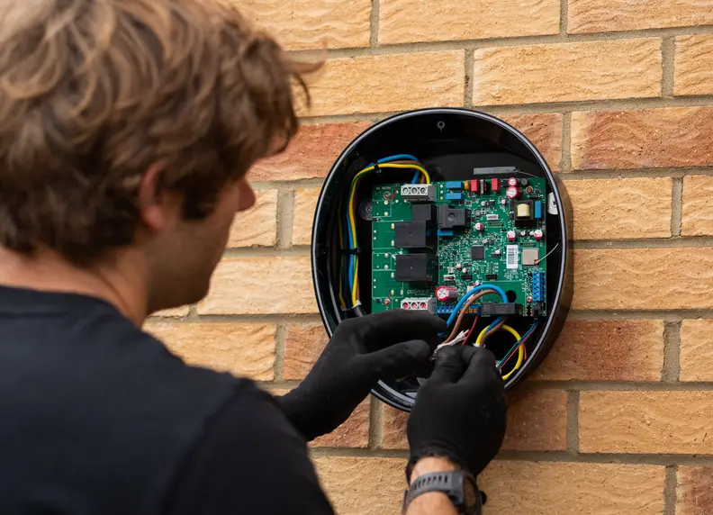 pod engineer working on wiring of charger