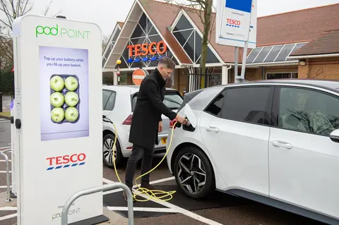 Man Charging an EV in a Tesco car park